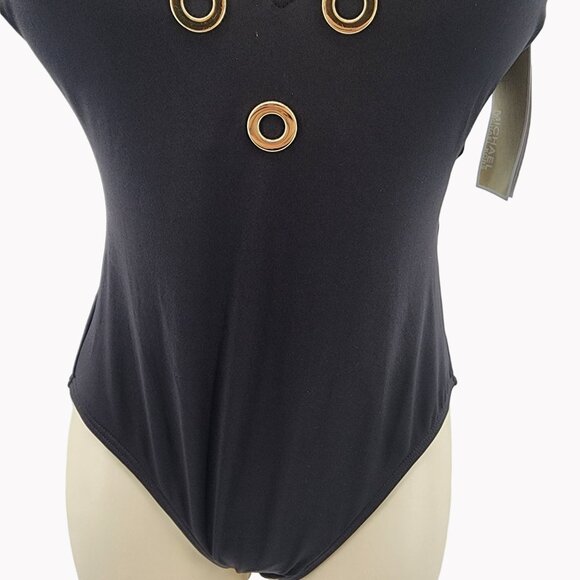 Michael Kors Black One-Piece Swimsuit Size 6 With Gold Grommets New - Picture 7 of 9